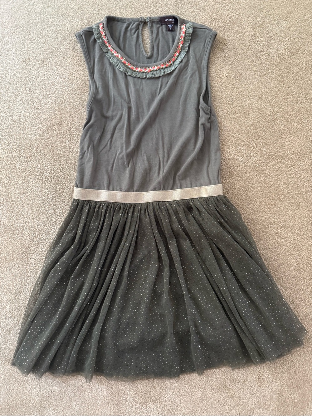 Imoga Olive Green Tulle Skirt Sleeveless Dress with Embroidered Neck